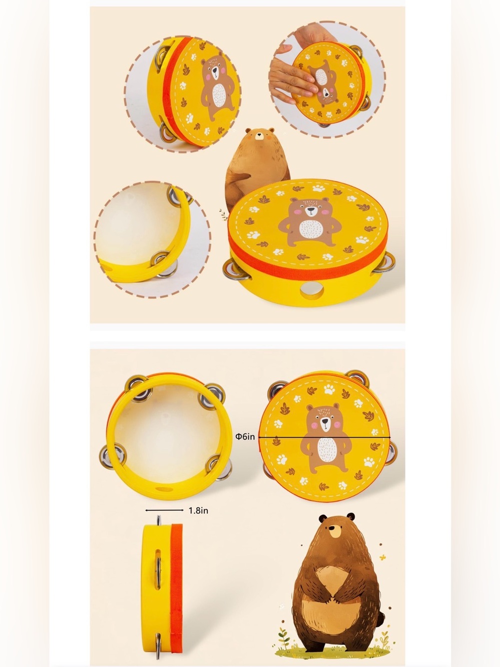 NIB - WoodenEdu Wooden Tambourine Toy Set (Red Fox & Yellow Bear) - Picture 11 of 11